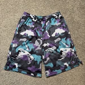 Champion Mesh Camo Gym Athletic Shorts Purple Blue Grey Abstract Activewear